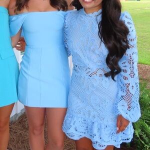 Trendy Long-Sleeve Blue Lace Dress